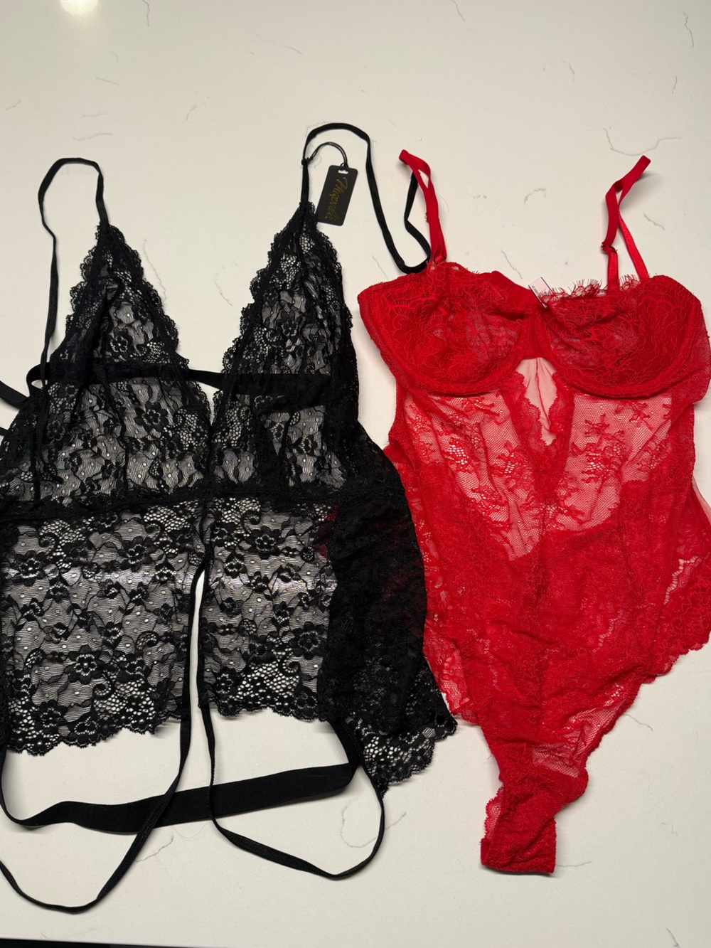 Never worn Victoria's Secret Red and Black Lace Sheer body suits